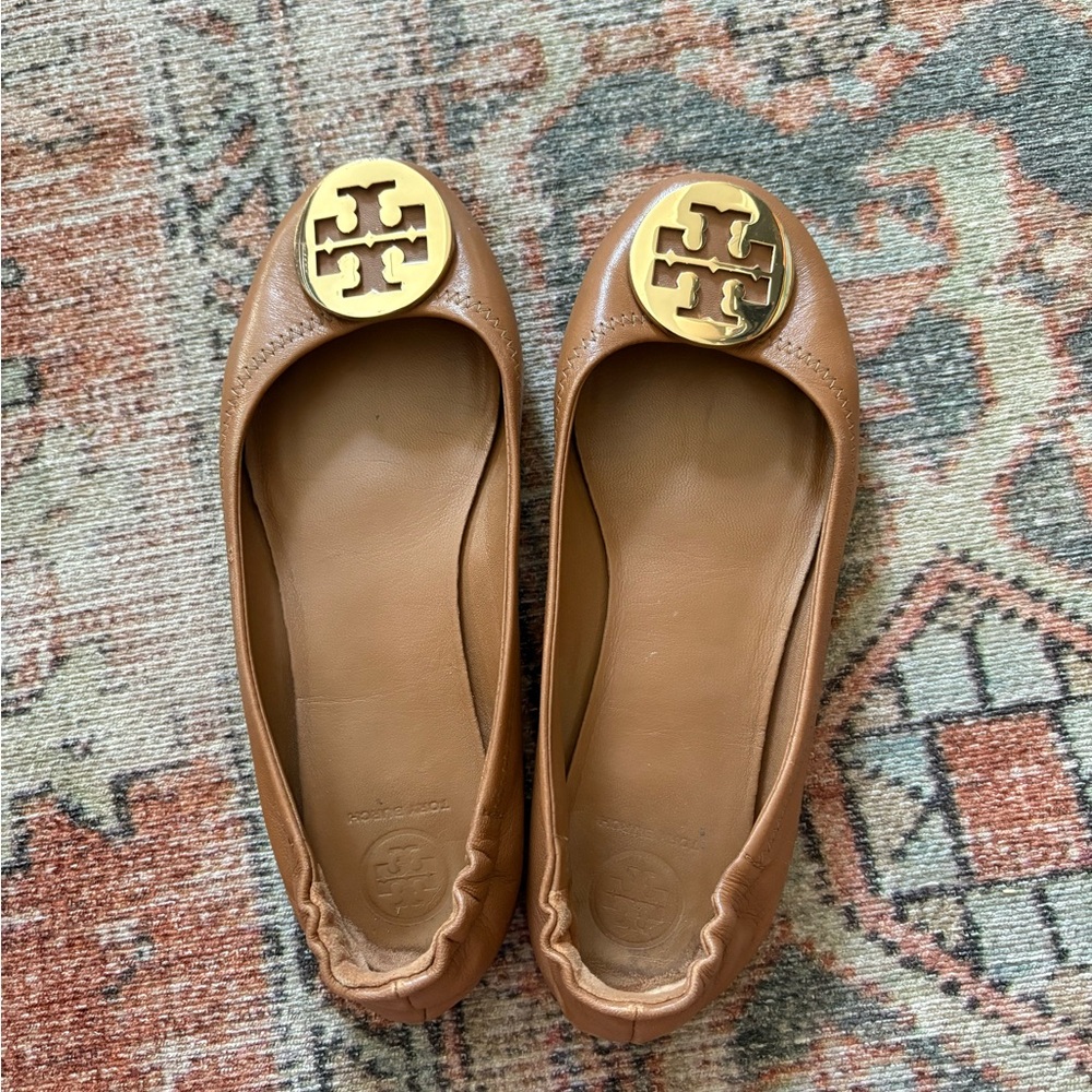 Tory Burch Tan Leather Flats with Gold Medallion
